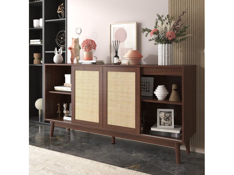 Buffet 3 portes coulissantes en rotin et 2 tiroirs, 155x38x80 cm, bois foncé - Conforama E