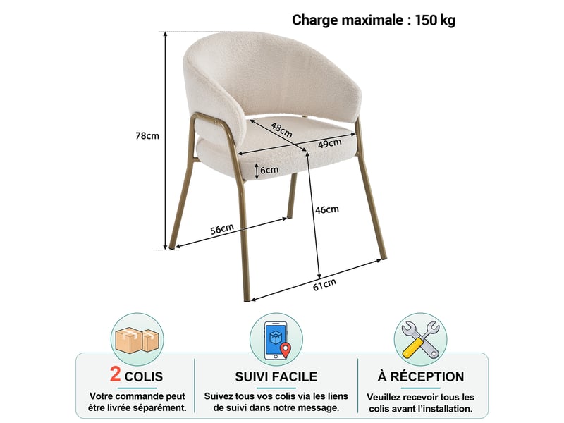 Chaise de salle à manger en tissu effet peau de mouton avec assise rembourrée, dossier ajouré et pieds en fer doré, blanc  - Conforama D