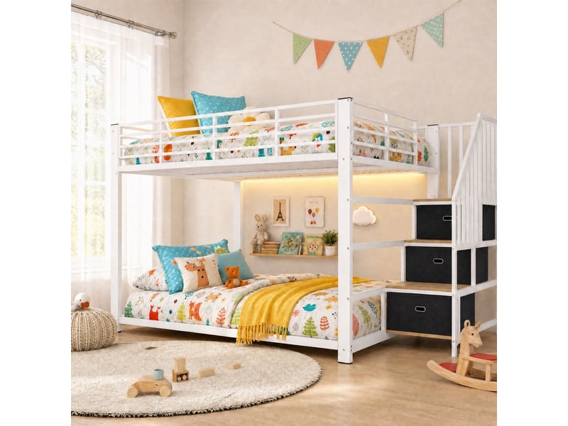  Lit superposé 2x140x200 cm - 4 places - escalier avec rangements - électrique prise - led intégrée &amp; usb - blanc  - Conforama D