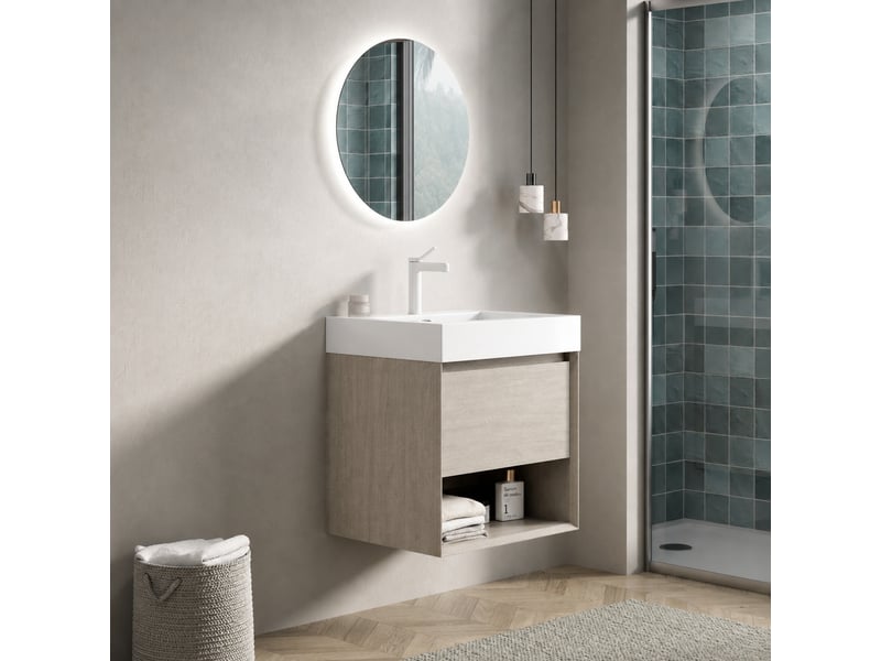  Meuble vasque suspendu 55 cm effet chêne clair avec vasque rectangulaire en résine minérale  - Conforama E