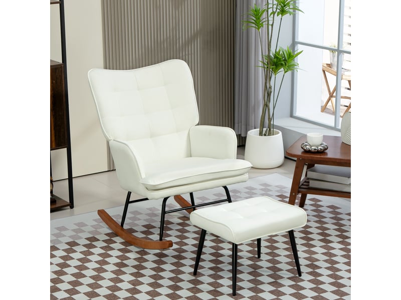  Fauteuil à bascule avec repose-pieds et dossier à oreilles, fauteuil d'allaitement aspect lin, cadre acier et bois, 130 kg  - Conforama B