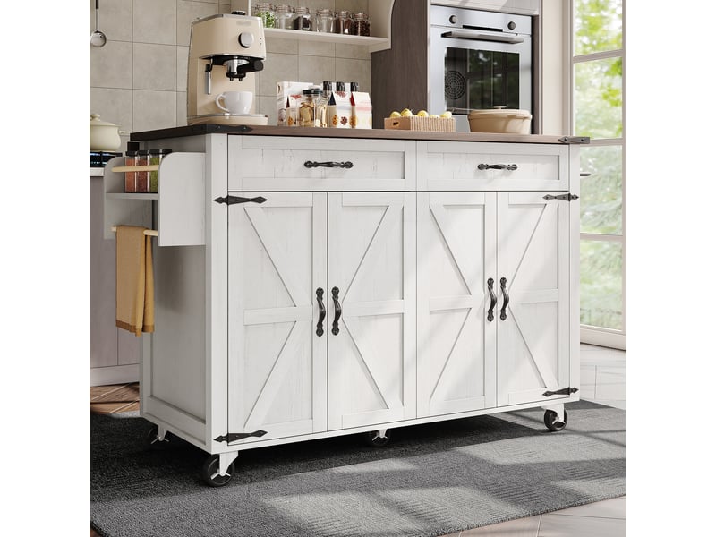 Îlot de cuisine pivotant à 360 degrés, table de bar sur roulettes extensible avec 3 tiroirs, blanc - Conforama E