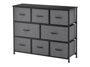 Commode gris foncé, 8 tiroirs en tissu, structure métal, meuble rangement moderne pour chambre et salon
