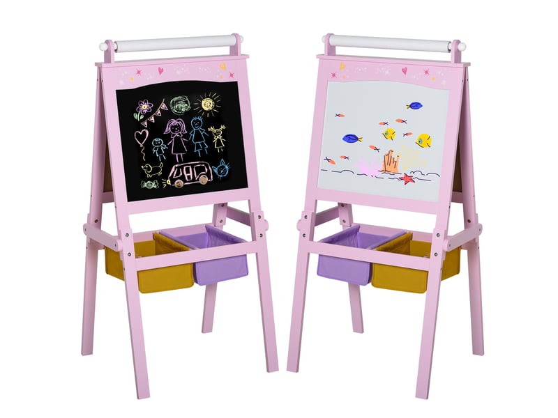  3 en 1 tableau enfant - chevalet enfant - ardoise double face - tableau blanc tableau à craie - rouleau papier avec accessoires + paniers rangement intégrés - mdf rose  - Conforama A