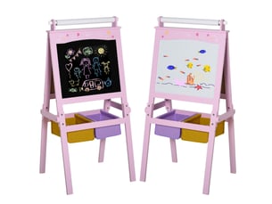 3 en 1 tableau enfant - chevalet enfant - ardoise double face - tableau blanc tableau à craie - rouleau papier avec accessoires + paniers rangement intégrés - mdf rose