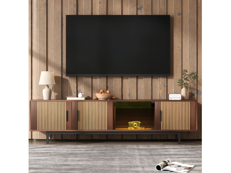  Meuble tv bas 200x35x53 cm led pilotable bluetooth, pilotage 16 appareils, portes verre, mdf particules, noir, noyer  - Conforama B