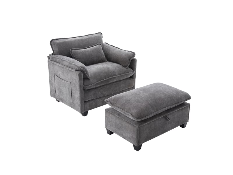  Fauteuil large avec pouf coffre en chenille gris, coussin et poches latérales, assise 1 place IKSETERA TRADING LTD - Conforama A
