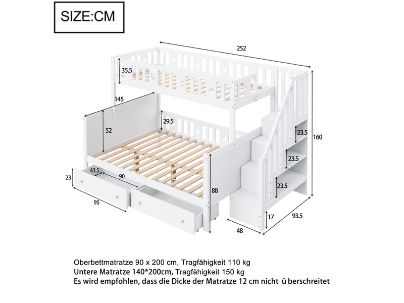  Lit superposé enfant 90x200 et 140x200 cm, escalier de rangement, blanc  - Conforama C