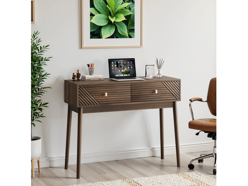  Table console bureau 100x35x80 cm à 2 tiroirs coloris noyer style rétro moderne  - Conforama D