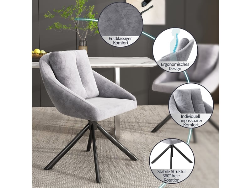  Lot de 6 chaises de salle à manger pivotantes 59 x 65 x 79 cm – gris – velours et rotation 360°  - Conforama D