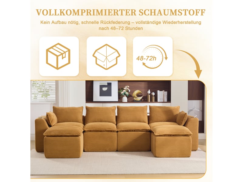 Canapé modulable compression d'angle en u,322x161x75cm,velours côtelé,canapé 4 places avec 2 poufs,porte-gobelets,poches latérales,sans montage,orange - Conforama E