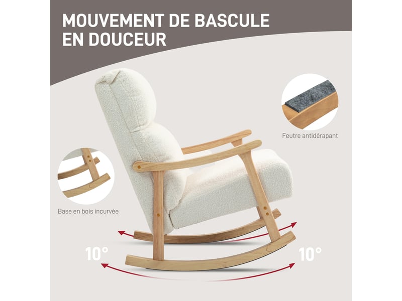  Fauteuil à bascule en velours teddy crème 65 x 90 x 98 cm  - Conforama D