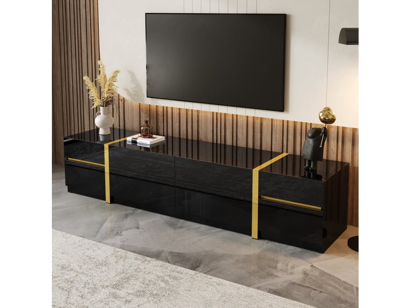 Meuble tv bas 180x40x38 cm avec 4 tiroirs et 2 portes, armoire de rangement, meuble de salon, style moderne, mdf noir  - Conforama B