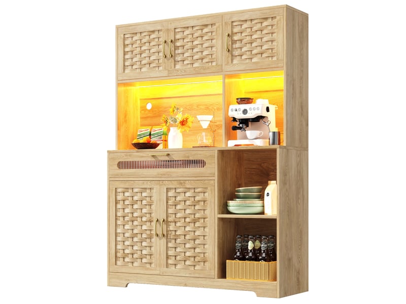 Buffet cuisine 5 portes et 1 tiroir, 120 x 40 x 180 cm, éclairage led, étagères réglables et dispositif anti-basculement, mdf, couleur bois Morn Vibe - Conforama A