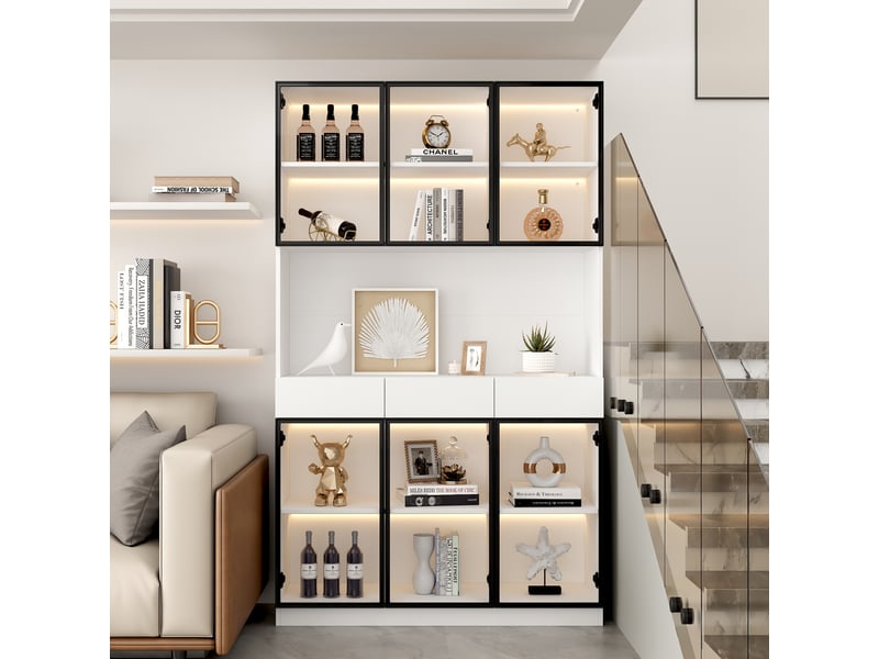  Vitrine en verre avec éclairage led 120 × 36 × 200 cm, 3 tiroirs centraux, portes vitrées et rangement dissimulé, meuble de salon blanc et fonctionnel CARDUME ESTIVAL - Conforama B