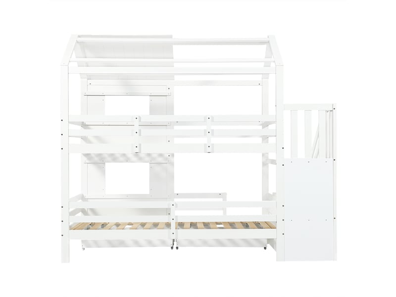  Lit superposé enfant 90x200 cm, lit cabane avec escalier de rangement et tiroir sur roulettes, bois de pin et mdf, blanc  - Conforama D