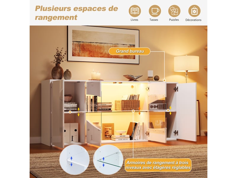  Buffet 160 cm 4 portes blanc brillant avec led et vitrine  - Conforama D
