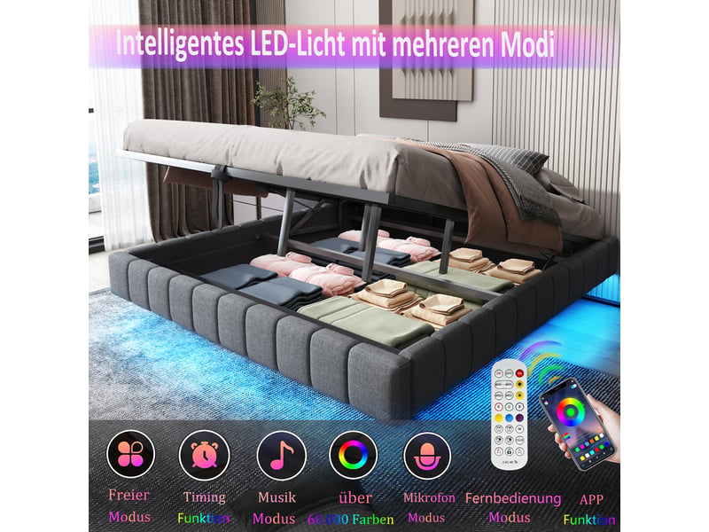  Lit capitonné 180x200 cm, cadre hydraulique avec rangement, sans tête de lit, éclairage led, toile gris lin  - Conforama E