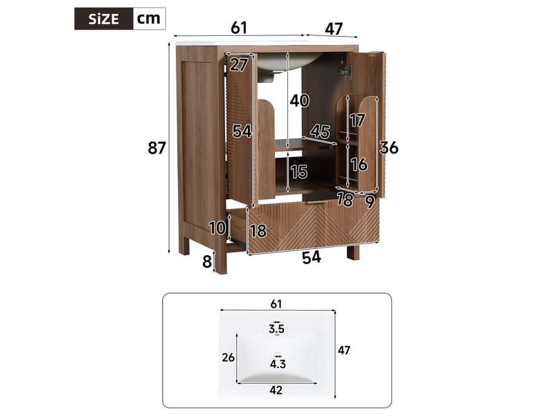 Meuble sous-vasque sur pied 61x47x87 cm, meuble salle de bain avec vasque céramique, motif ondulé, tiroirs et étagères, fermeture amortie, mdf, brun Bliss Lite - Conforama C