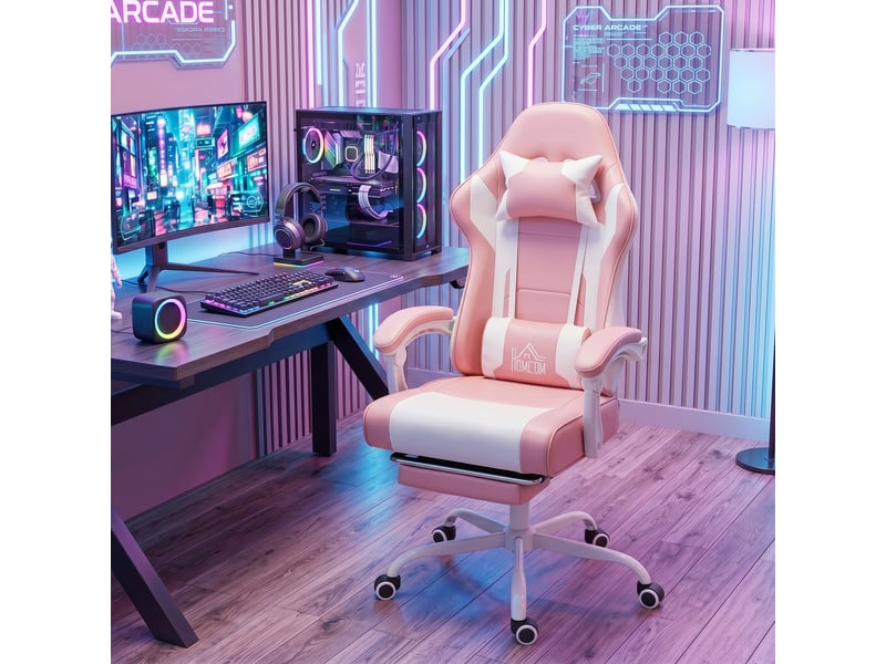  Fauteuil de jeu avec massage lombaire, vibration, inclinaison à 155°, hauteur réglable, appui-tête et repose-pieds rétractables, rose  - Conforama C