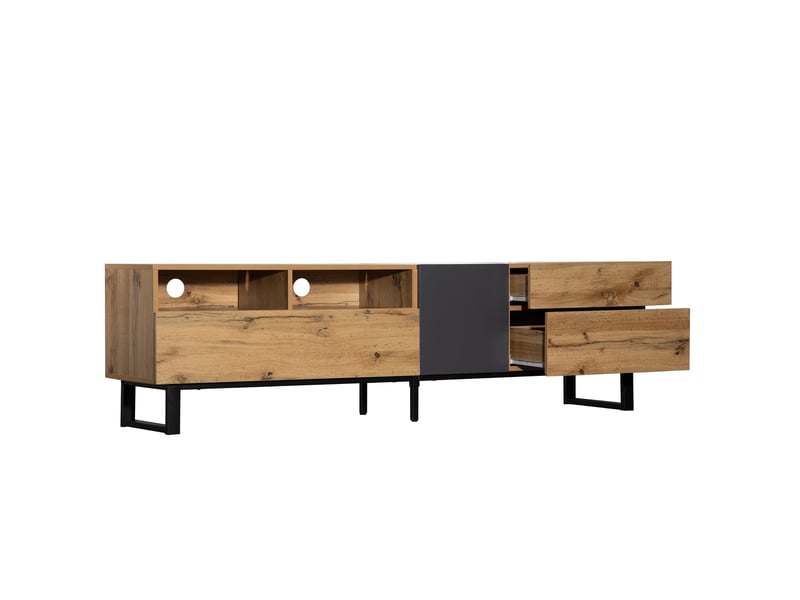  Meuble tv avec 2 portes, 2 tiroirs et 2 niches pour salon 180×38×50 cm en mdf chêne anthracite  - Conforama A