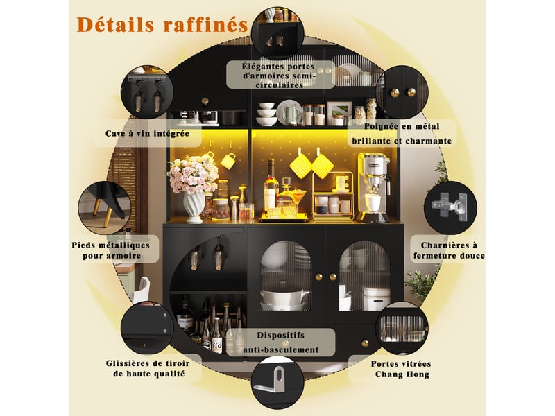  Meuble de cuisine muvano, buffet haut noir avec éclairage led, prises usb et rangements, 120 x 40 x 176 cm  - Conforama E