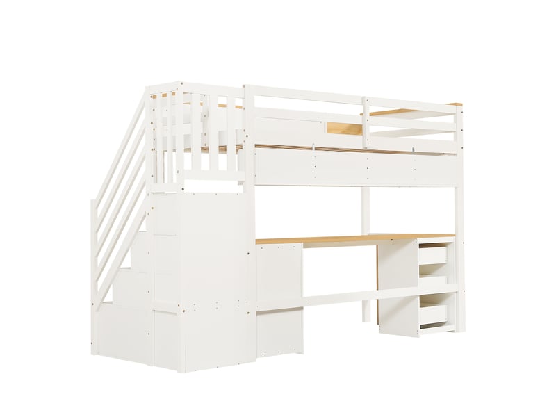  Lit mezzanine 90x200 cm en bois naturel blanc, lit en bois avec bureau, tiroirs, escalier de rangement et étagère suspendue, lit fonctionnel gain de place pour chambre d'enfant  - Conforama E