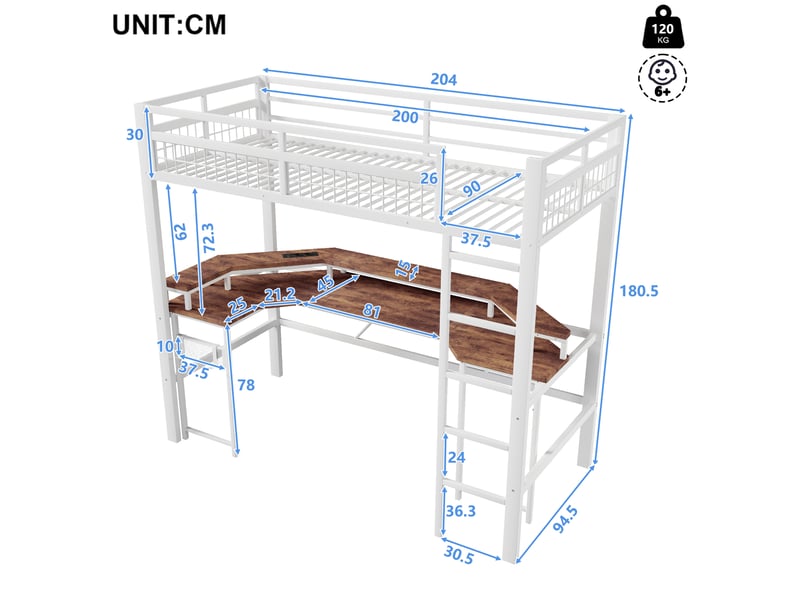  Lit mezzanine 90 x 200 cm sans matelas, structure métal, bureau, led, usb et type-c, prises, panneau perforé, blanc  - Conforama B