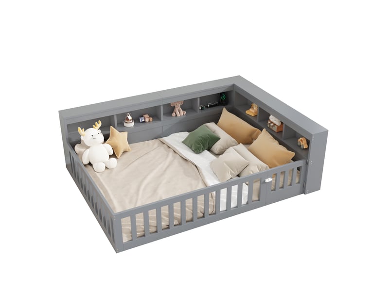 Lit enfant 140x200 cm, canapé-lit, rangement, prise et usb, sommier, aggloméré, gris, sans matelas - Conforama A