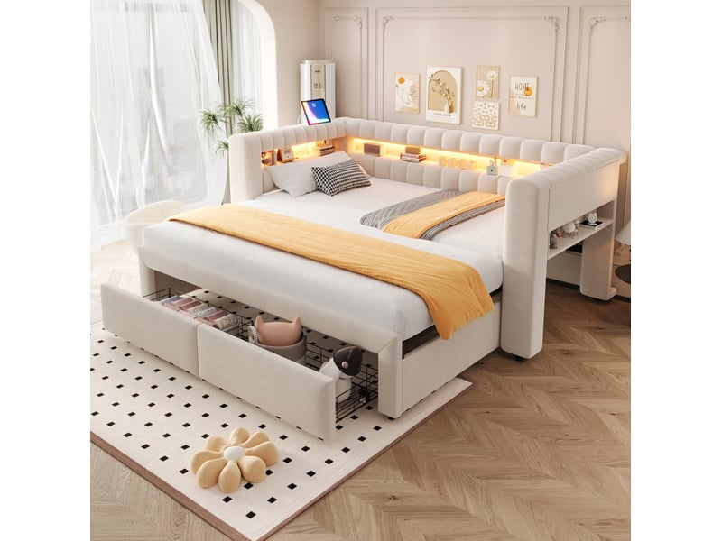 Lit gigogne 90 × 190 cm avec tiroirs, rangements, led et ports usb et type c, canapé-lit en velours beige - Conforama B