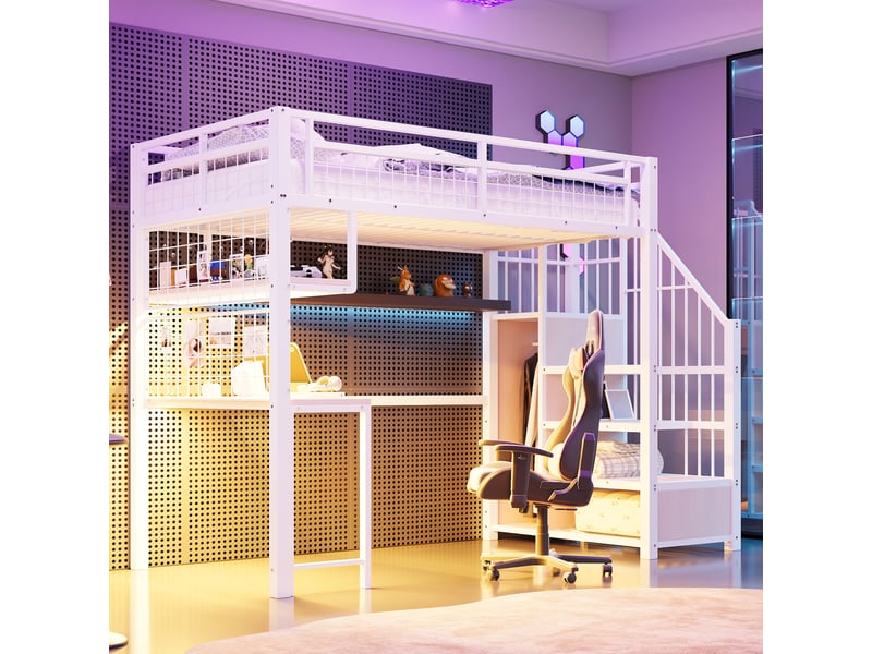 Lit mezzanine 90×200 cm, lit simple avec escalier de rangement, bureau, étagères et prises, sans matelas, blanc - Conforama C