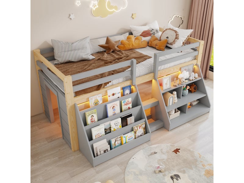  Lit surélevé 90 x 200 cm avec led via application et rangements ouverts, lit simple en pin gris et naturel avec garde-corps et échelle intégrée  - Conforama C