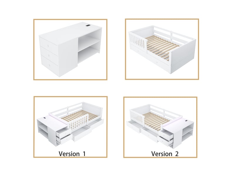 Lit enfant 90x200 cm blanc avec rangement indépendant, bureau, prise, led, 2 tiroirs et étagères - Conforama R
