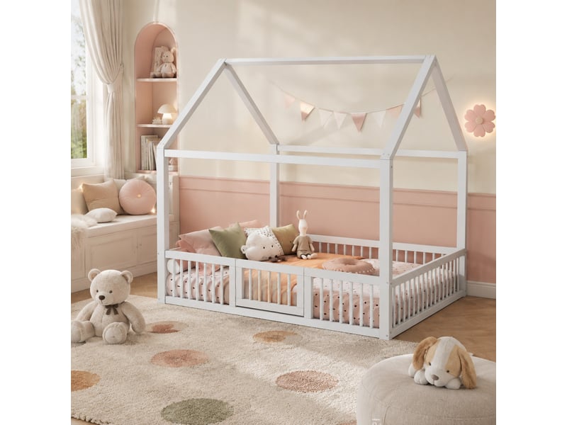 Lit cabane enfant 200×140 cm avec barrières de protection et portillon, en pin et mdf blanc - Conforama B