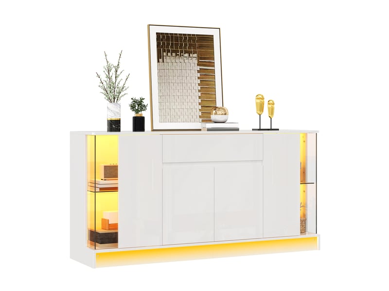 Buffet de rangement 150x40x75 cm, éclairage led, portes battantes, tiroir, éléments vitrés pour salon et salle à manger - blanc GL8834W - Conforama A