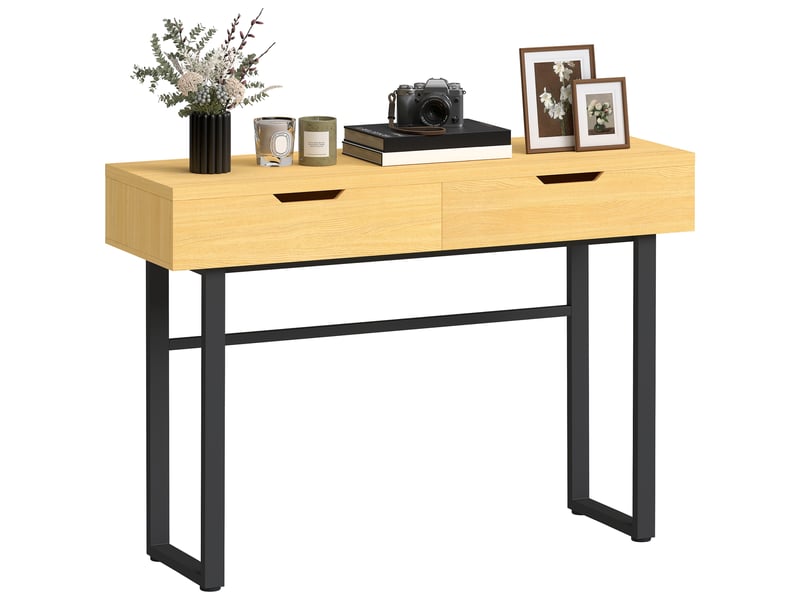  Console étroite à 2 tiroirs, structure en métal, pour entrée, 110 x 35 x 76,5 cm, finition naturelle  - Conforama A