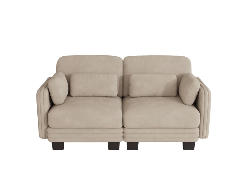  Canapé modulable 2 places 176x88x88 cm, coussins lombaires et accoudoirs, chenille, structure bois, café clair  - Conforama A
