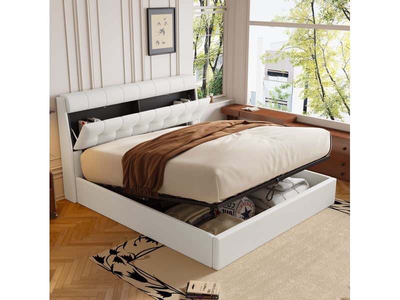  Lit coffre 160x200cm avec tête de lit de rangement, spacieux et confortable, design tendance, pu, blanc, sans matelas  - Conforama C