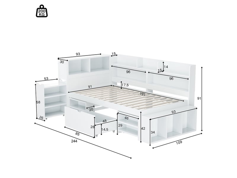  Lit enfant 90x190 cm, lit simple avec tiroirs et étagères de rangement, cadre de lit avec tables de chevet, sommier à lattes, blanc  - Conforama E