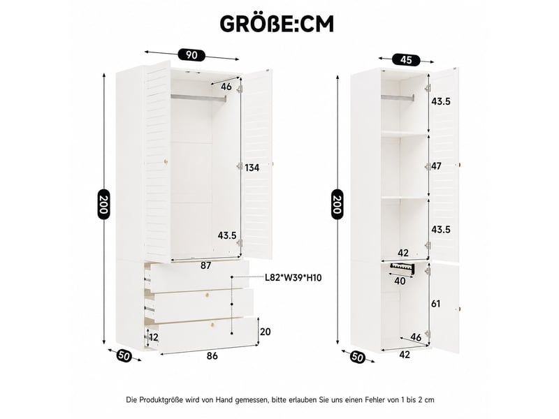  Armoire blanche 5 portes avec portes persiennes, 225x50x200 cm, 6 tiroirs et 3 penderies pour chambre  - Conforama D