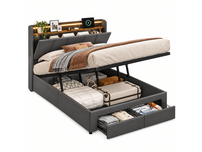  Lit coffre 140x190 avec sommier led, lit double rembourré avec rangement hydraulique et 2 tiroirs, lits 2 personnes pour adultes et ado, gris foncé  - Conforama A