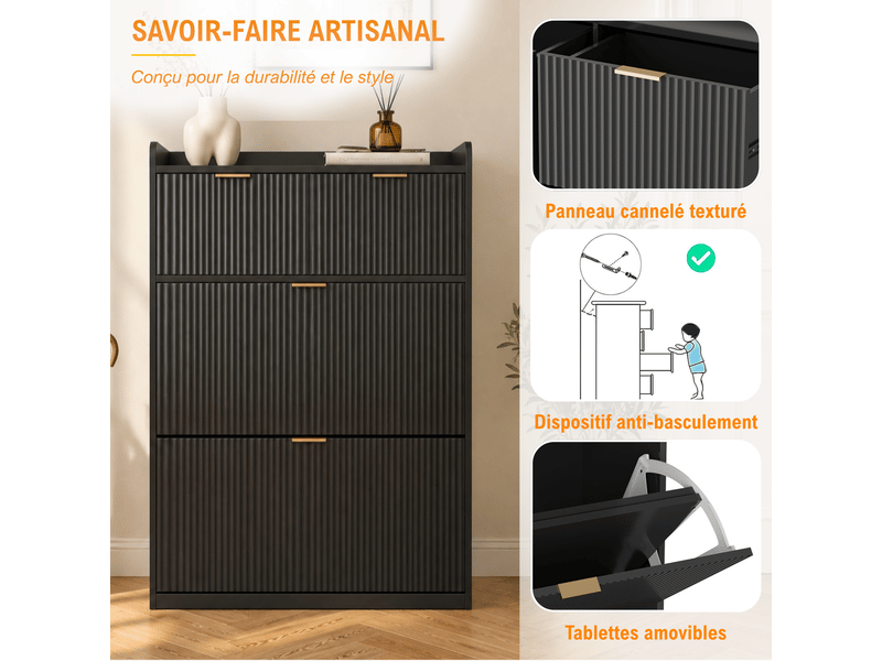  Meuble à chaussures à abattants à panneaux cannelés texturés, 80 × 24 × 110 cm, meuble d'entrée fin noir pour 16 paires de chaussures, poignées dorées, avec 2 petits tiroirs supérieurs, nior  - Conforama E