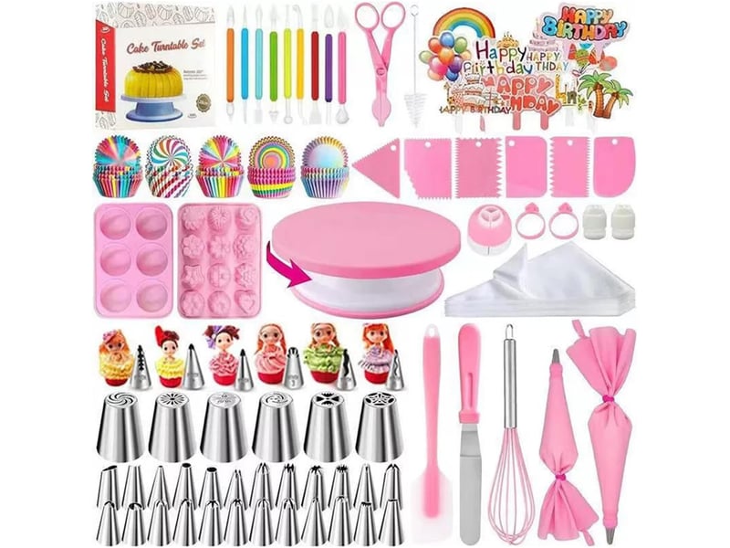  Kit de décoration de gâteau 320 pièces avec plateau tournant pour gâteau, pointes de tuyauterie de glaçage, grattoir et autres fournitures  - Conforama A