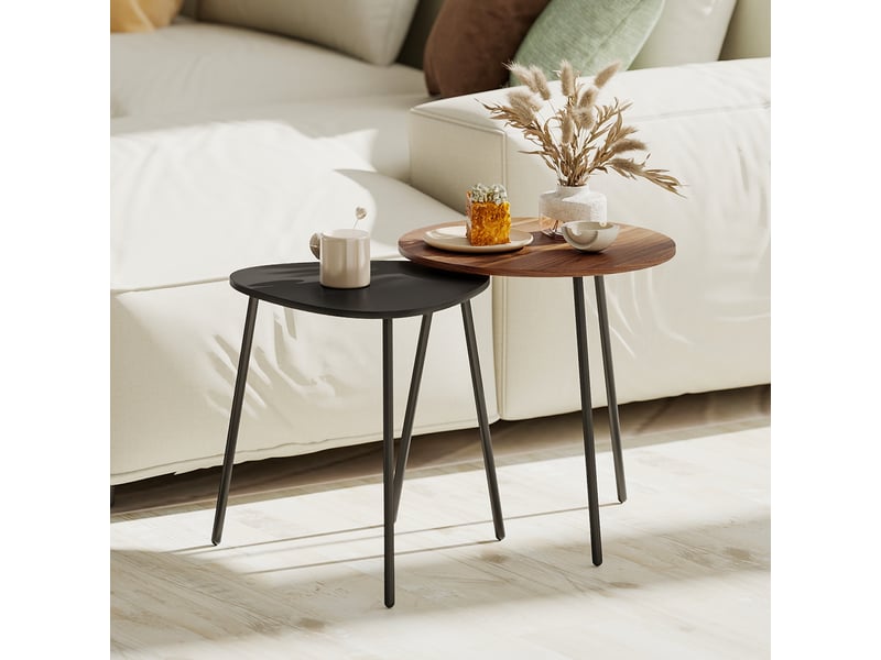  Lot de 2 tables basses gigognes, tables d'appoint contemporain cadre en métal, noyer et noir, ronde et triangulaire  - Conforama R