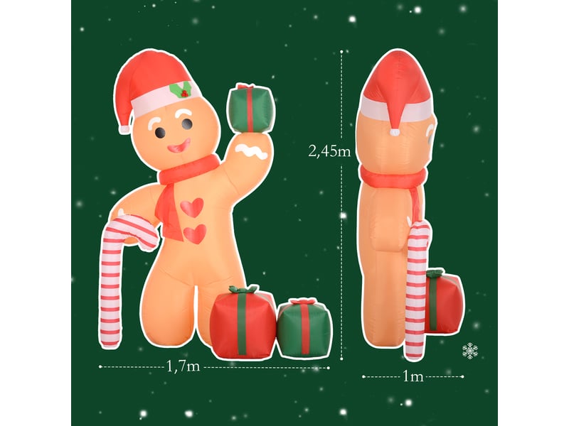  Bonhomme en pain d'épice avec canne de noël, 2,45 m de haut, gonflable, éclairage led blanc, 170 x 100 x 245 cm  - Conforama E