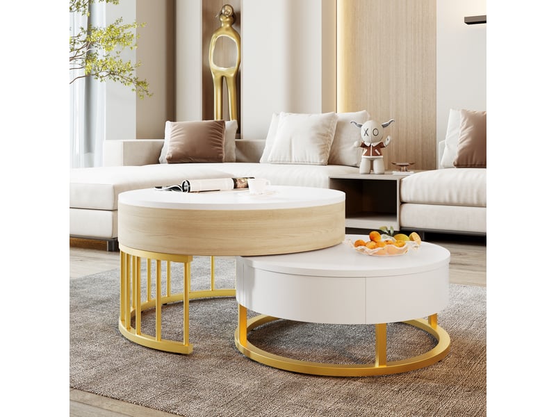 Tables basses gigognes rondes avec plateau relevable, tiroir et rangement, en mdf blanc et métal doré pour salon - Conforama C