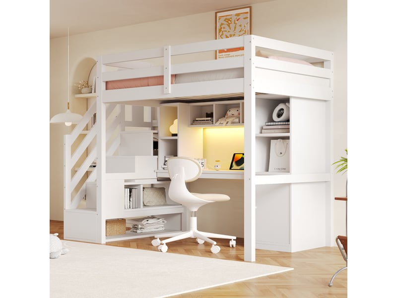 Lit mezzanine enfant 90x200 cm avec bureau, escalier avec rangement, led, prises électriques, étagères, barrières hautes, blanc Radiant Stride - Conforama D