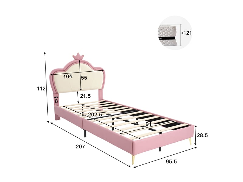 Lit enfant 90x200 cm, lit simple avec tête de lit couronne, bords de protection, sommier à lattes, pieds en métal, cadre en simili-cuir pu, rose - Conforama E