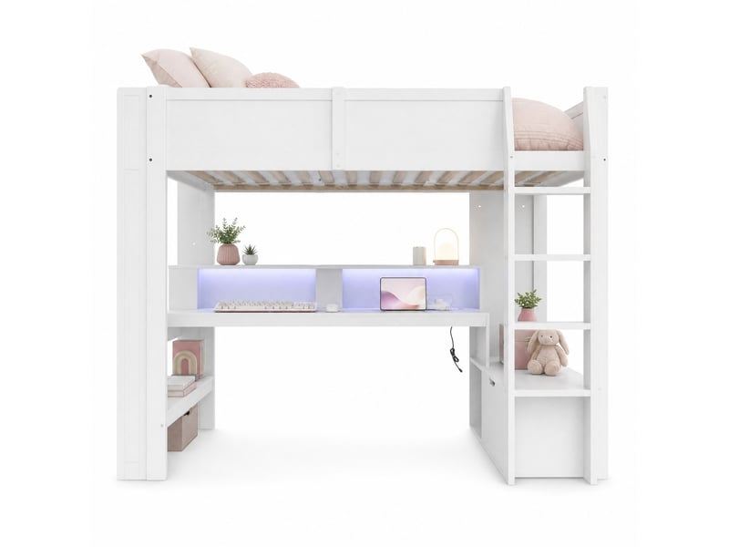  Lit mezzanine 90x200 cm avec bureau et éclairage led en bois blanc  - Conforama A