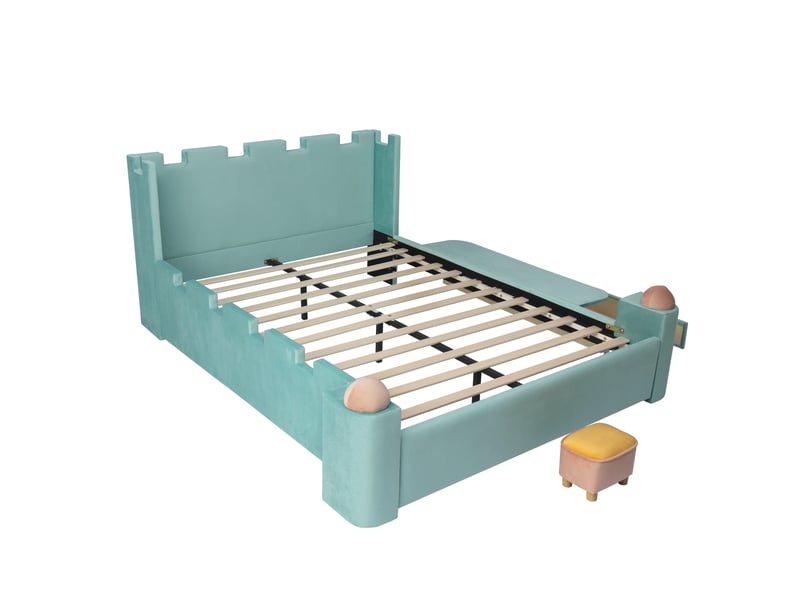  Lit enfant 140x200 cm - lit double 140x200 - avec tête de lit château, tablette rabattable et tiroir de rangement - velours  - bleu  - Conforama A